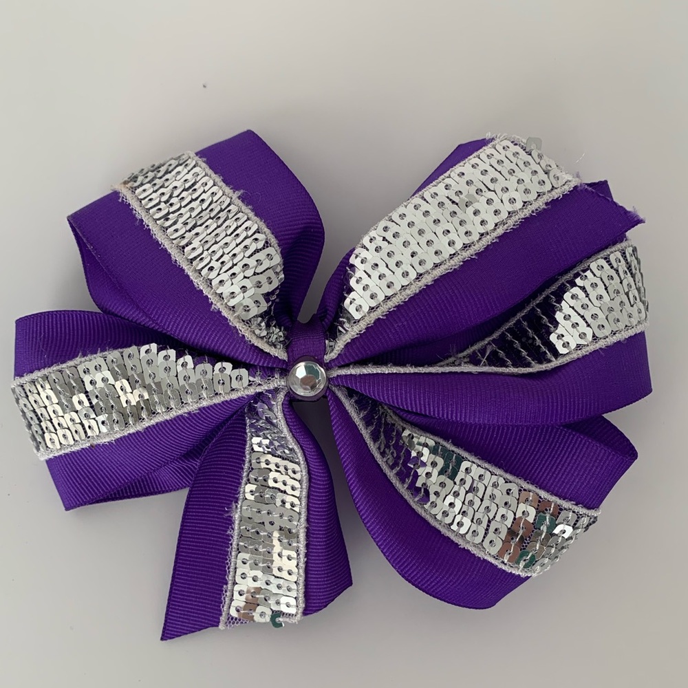 Large Grosgrain Ribbon Hairbow Rhinestone Sequin Purple Silver Clip Size 6.5”